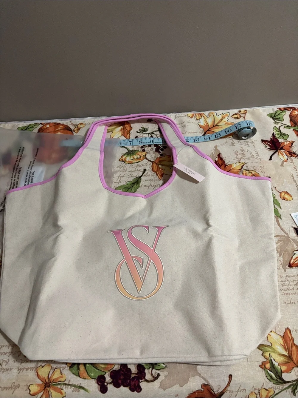 Victory Secret Cream Canvas Pouch with Pink Trim